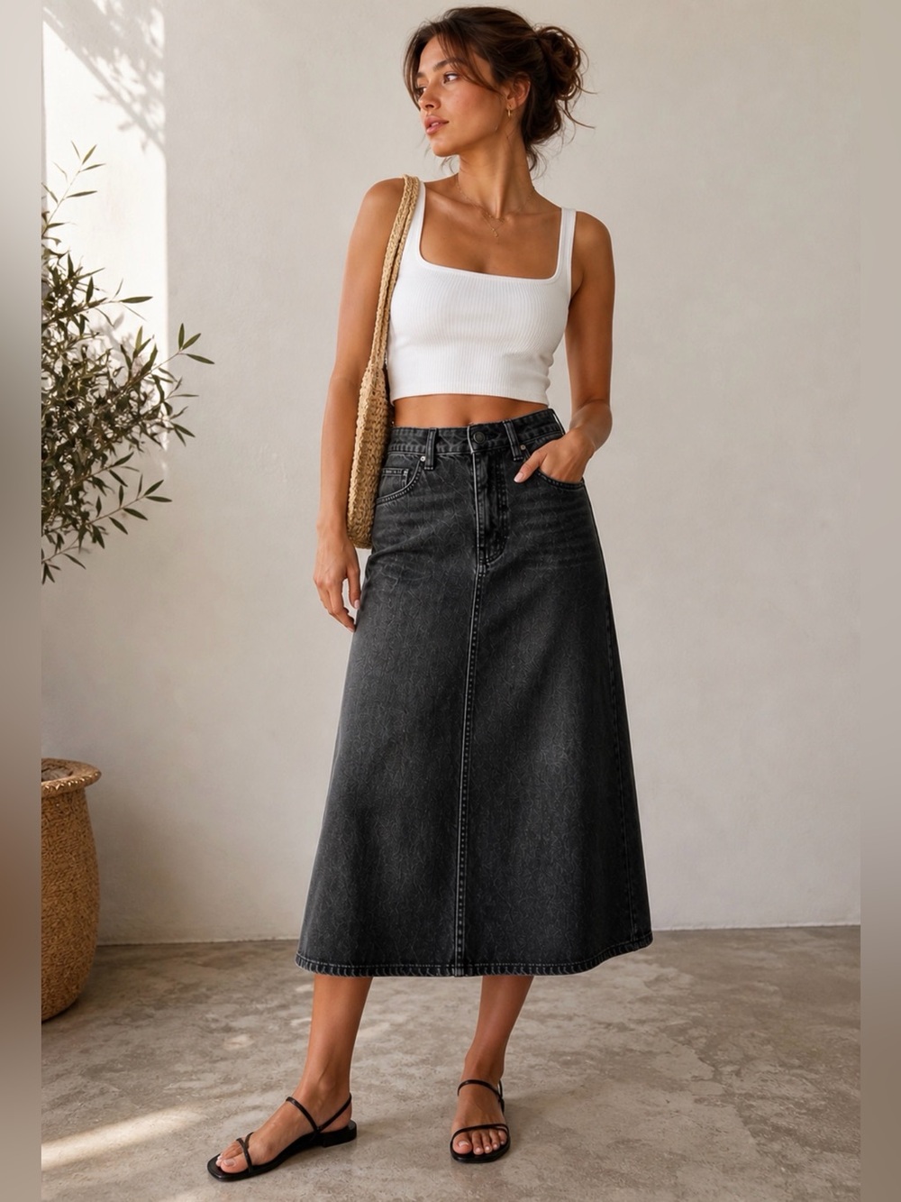 ❌SOLD❌Free People We The Free Black Denim Maxi Skirt Size 6 High Rise Washed A-L